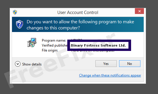Screenshot where Binary Fortress Software Ltd. appears as the verified publisher in the UAC dialog